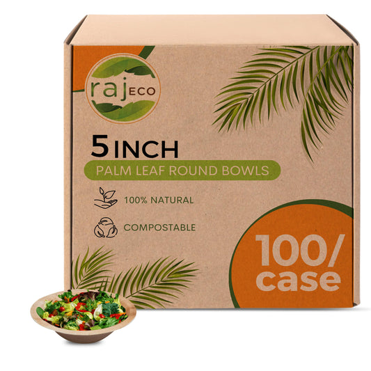 Raj Disposable Palm Leaf Bowls (100 Count, 5" Bowls) Strong Bowls Like Bamboo Party Bowls - Decorative Compostable Tableware for Lunch, Dinner, Birthday, Outdoor, BBQ, Picnic, Parties