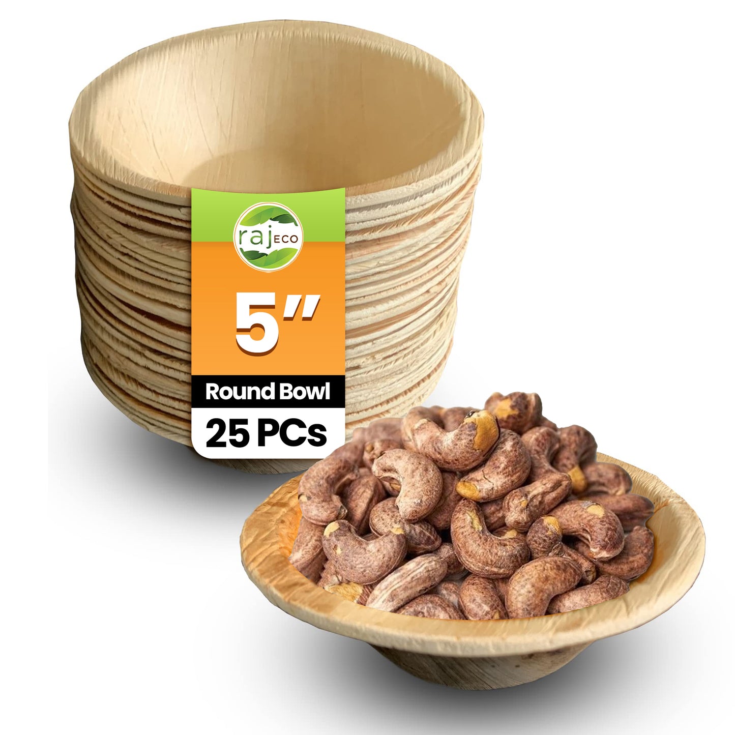 Raj Disposable Palm Leaf Bowls (25 Count, 5" Bowls) Strong Bowls Like Bamboo Party Bowls - Decorative Compostable Tableware for Lunch, Dinner, Birthday, Outdoor, BBQ, Picnic, Parties