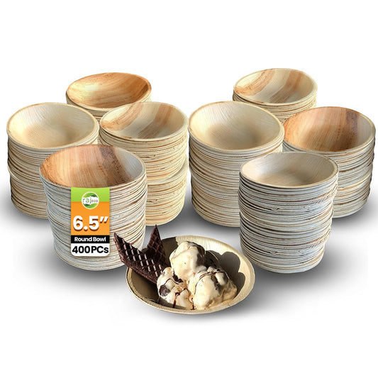 Raj Disposable Palm Leaf Bowls (400 Count, 6.5" Bowls) Strong Bowls Like Bamboo Party Bowls - Decorative Compostable Tableware for Lunch, Dinner, Outdoor, BBQ, Picnic, Parties