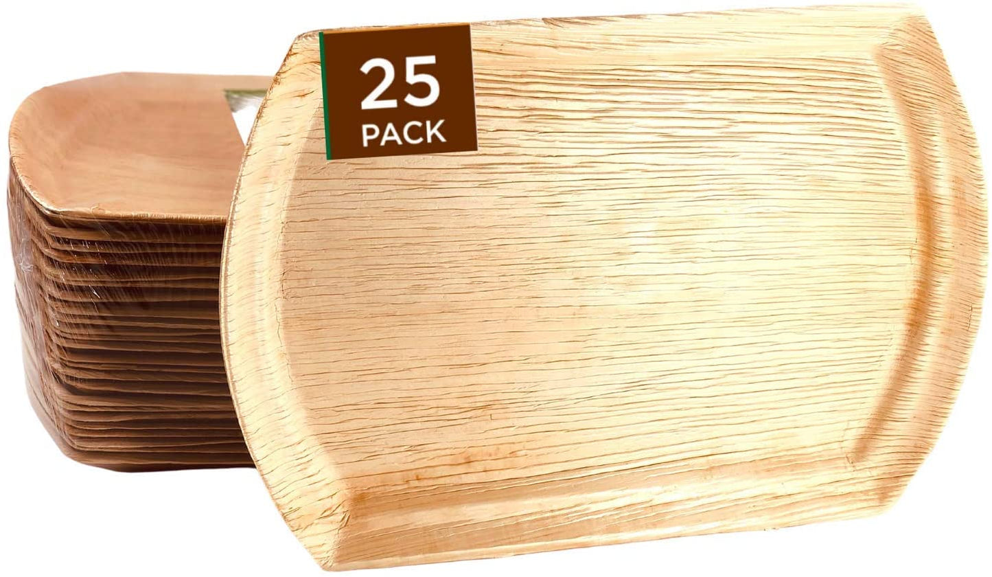 Raj Palm Leaf Rectangle Plates (25 Packs) 13" x 11" like Bamboo plates Disposable, Strong, Decorative Compostable Tableware for weddings, Lunch, Dinner, Birthday,Outdoor