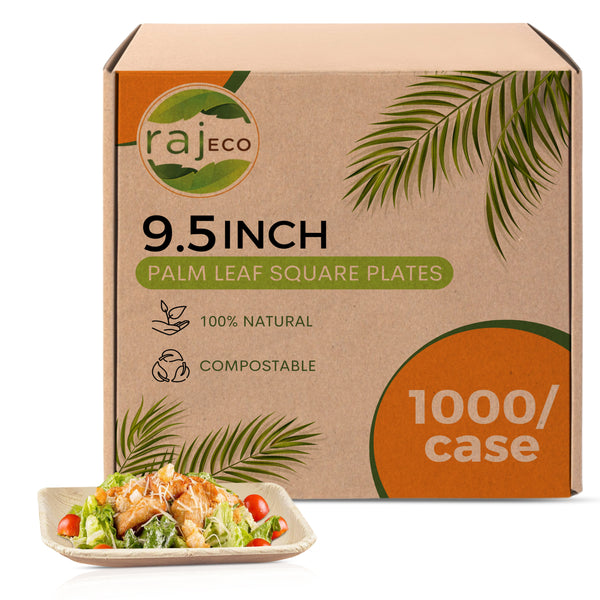 Raj Disposable Palm Leaf Plates [1000-Pack] 9.5 Inch Large Square Plates Strong and Reusable Party Plates Like Bamboo Plates - Decorative Compostable Tableware for Lunch, Dinner, Birthday, Outdoor BBQ