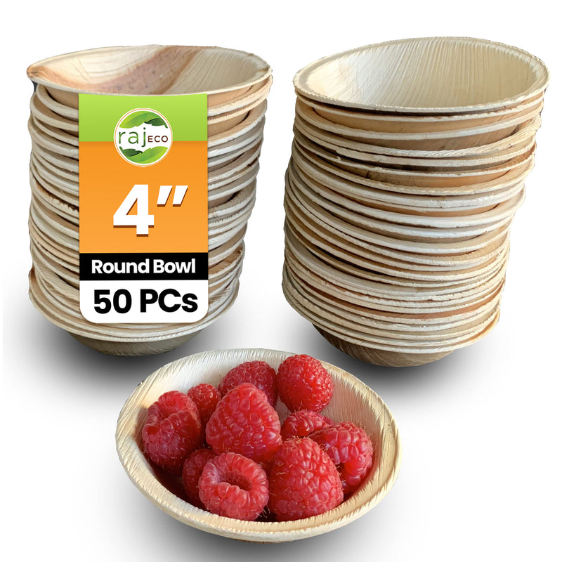Raj Disposable Palm Leaf 4 Inch Round Bowls Strong and Reusable Like Bamboo Party Bowls - Decorative Compostable Tableware for Lunch, Dinner, Birthday, Camping, Outdoor, BBQ, Picnic, Parties
