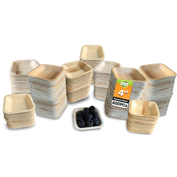 Raj Disposable Palm Leaf Bowls (400 Count, 4" Square Bowls) Strong Bowls Like Bamboo Party Bowls - Decorative Compostable Tableware for Lunch, Dinner, Birthday, Outdoor, BBQ, Picnic.