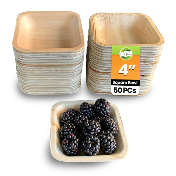 Raj Disposable Palm Leaf Bowls (50 Count, 4" Square Bowls) Strong Bowls Like Bamboo Party Bowls - Decorative Compostable Tableware for Lunch, Dinner, Birthday, Outdoor, BBQ, Picnic.
