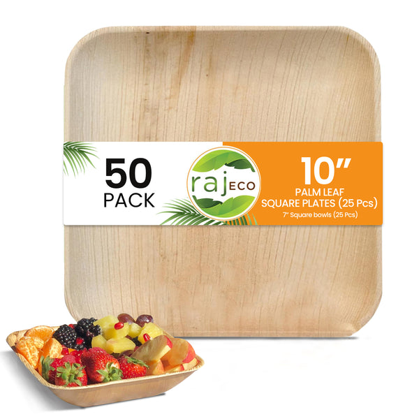 Raj Disposable Palm Leaf Plates and Bowls [50-Pack] - 25x 9.5" Square Plates, 25x 7" Square Bowls - Compostable Tableware for Weddings, Lunch, Dinner & Outdoor Events