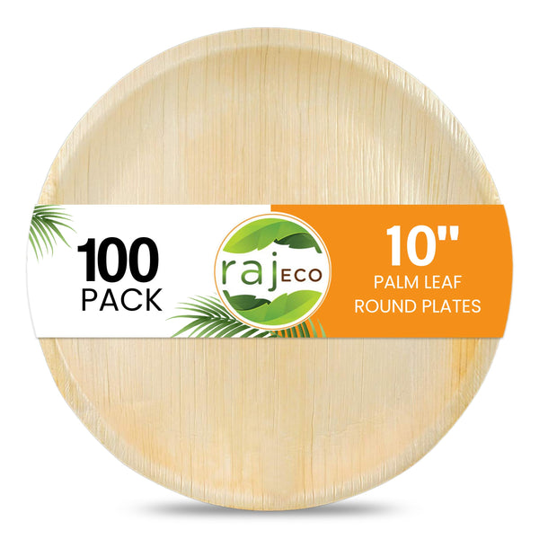Raj Palm Leaf Plates [100-Pack] 10" Round Plates like Bamboo plates Disposable, Strong, Decorative Compostable Tableware for wedding, Lunch, Dinner, Birthday, Camping, Outdoor BBQ, Picnic…
