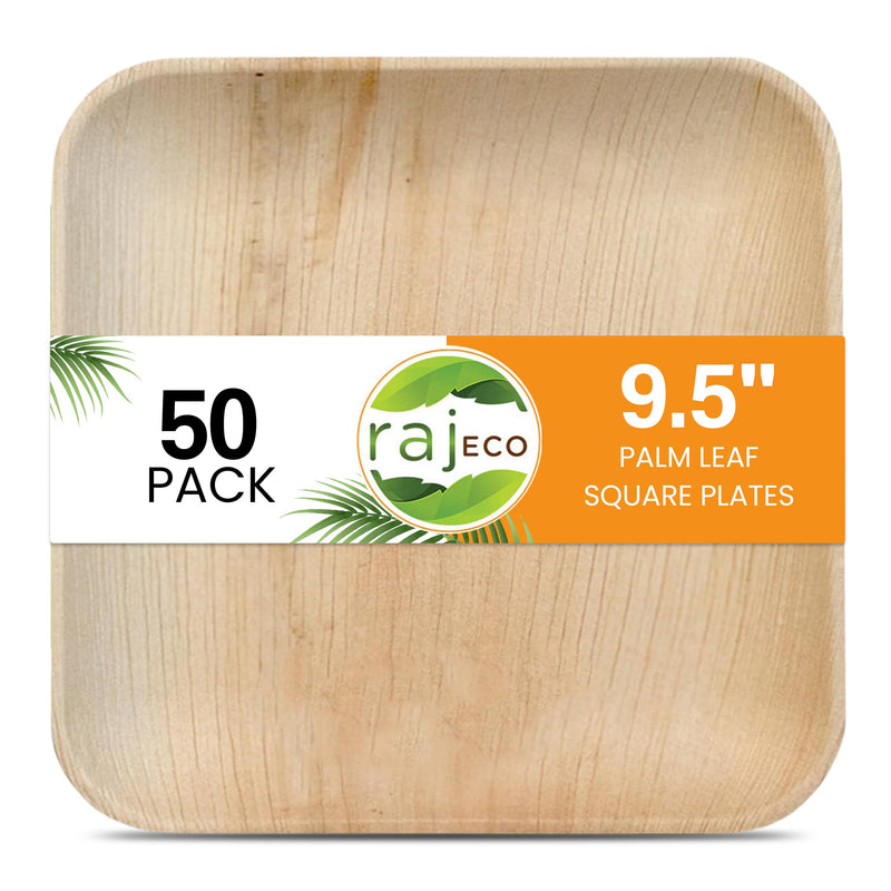 Raj Disposable Palm Leaf Plates 9.5 Inch Large Square Plates Strong and Reusable Party Plates Like Bamboo Plates - Decorative Compostable Tableware for Lunch, Dinner, Birthday, Outdoor BBQ.