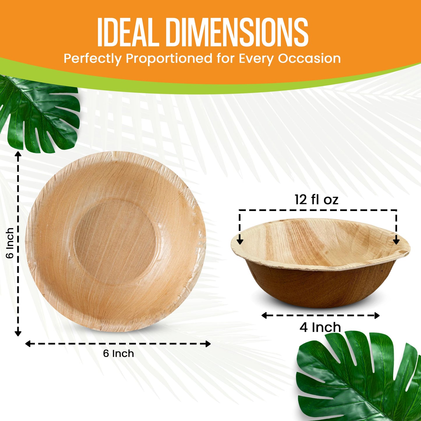 Raj Disposable Palm Leaf Bowls (50 Count, 6" Bowls) Strong Bowl Like Bamboo Party Bowl - Decorative Compostable Tableware for Lunch, Dinner, Birthday, Outdoor, BBQ, Picnic, Parties