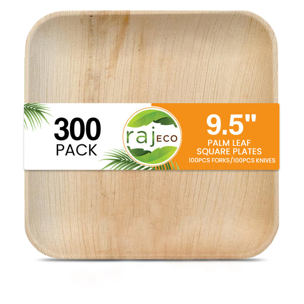 Raj Palm Leaf Plates 100x9.5" Plates, 100 Forks, 100 Knives like Bamboo plates Disposable, Strong, Compostable Tableware for wedding, Lunch, Dinner, Birthday, Camping, Outdoor BBQ, Picnic [300 items]
