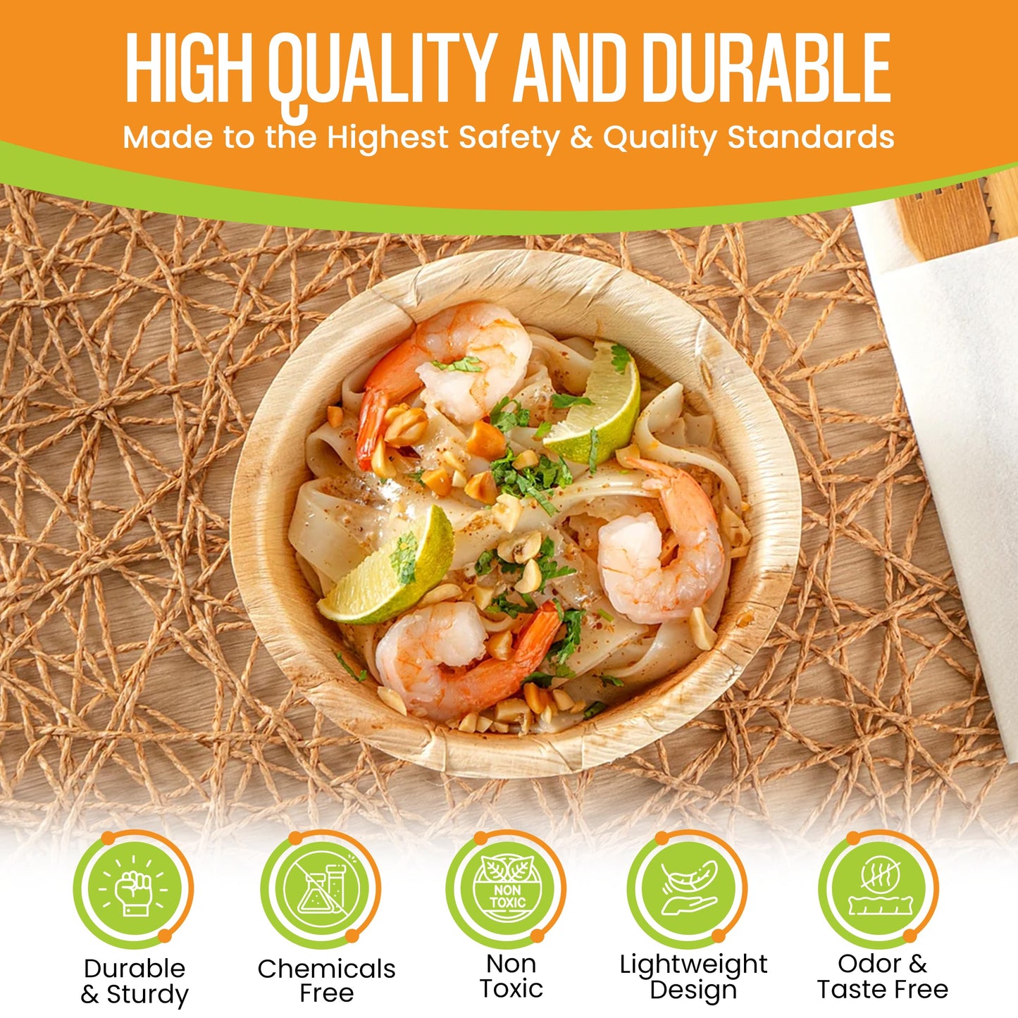 Raj Disposable Palm Leaf Bowls (50 Count, 6" Bowls) Strong Bowl Like Bamboo Party Bowl - Decorative Compostable Tableware for Lunch, Dinner, Birthday, Outdoor, BBQ, Picnic, Parties