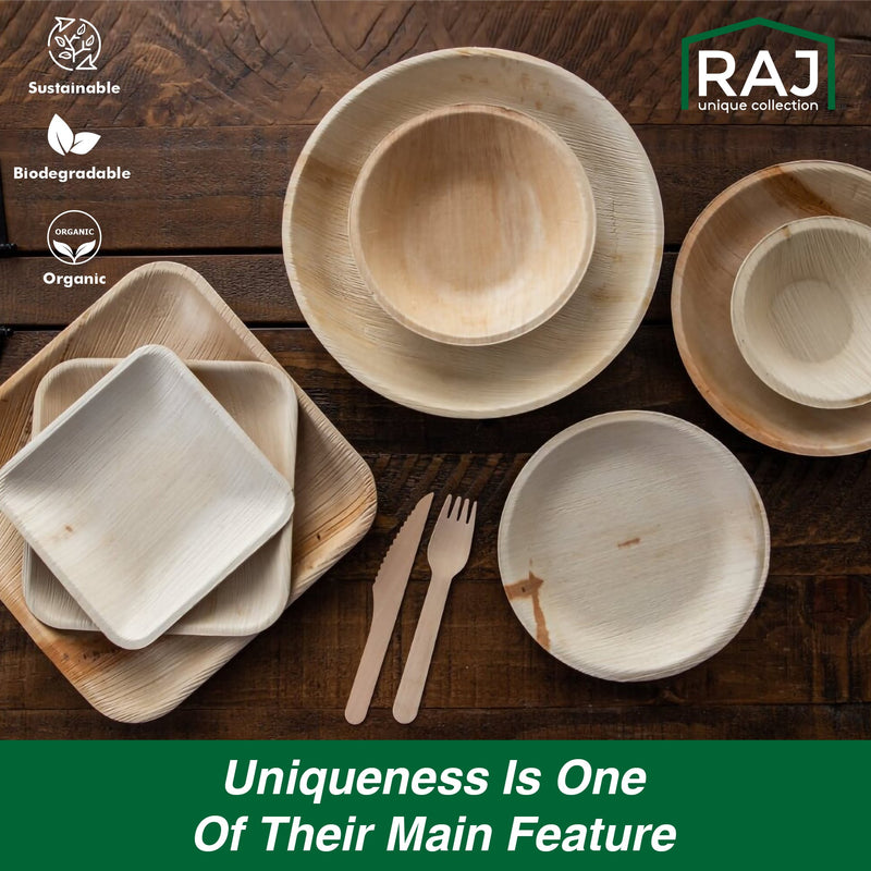 Raj Disposable Palm Leaf Plates and Bowls [50-Pack] - 25x 9.5" Square Plates, 25x 7" Square Bowls - Compostable Tableware for Weddings, Lunch, Dinner & Outdoor Events