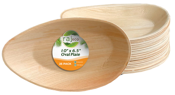 Raj Palm Leaf Plates 10"x6.5" 25 Oval Plates like Bamboo plates Disposable, Decorative Compostable Tableware for wedding, Lunch, Dinner, Birthday, Camping, Outdoor BBQ, Picnic