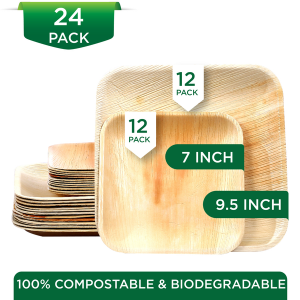 Raj Disposable Palm Leaf Plates [24-Pack] - 12x 9.5" Square Plates, 12x 7" Square Plates- Compostable Tableware for Weddings, Lunch, Dinner & Outdoor Events